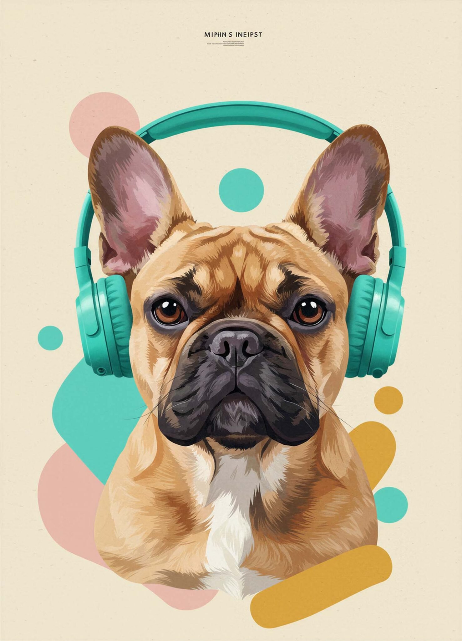 Affiche représentant bouledogue fauve portant un grand casque turquoise devant des formes pastel jaune, rose et bleu