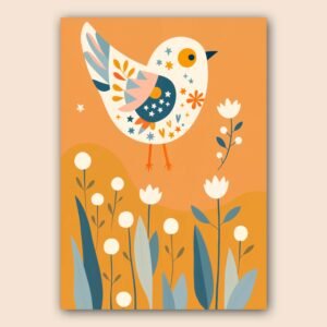 Affiche d'un oiseau coloré sur fond orange