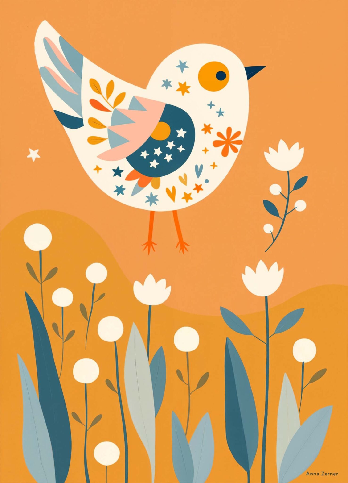 Affiche représentant oiseau blanc décoré de fleurs et d’étoiles au-dessus d’un jardin stylisé orange, bleu et crème
