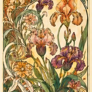 Affiche murale représentant des iris et des fleurs pastel