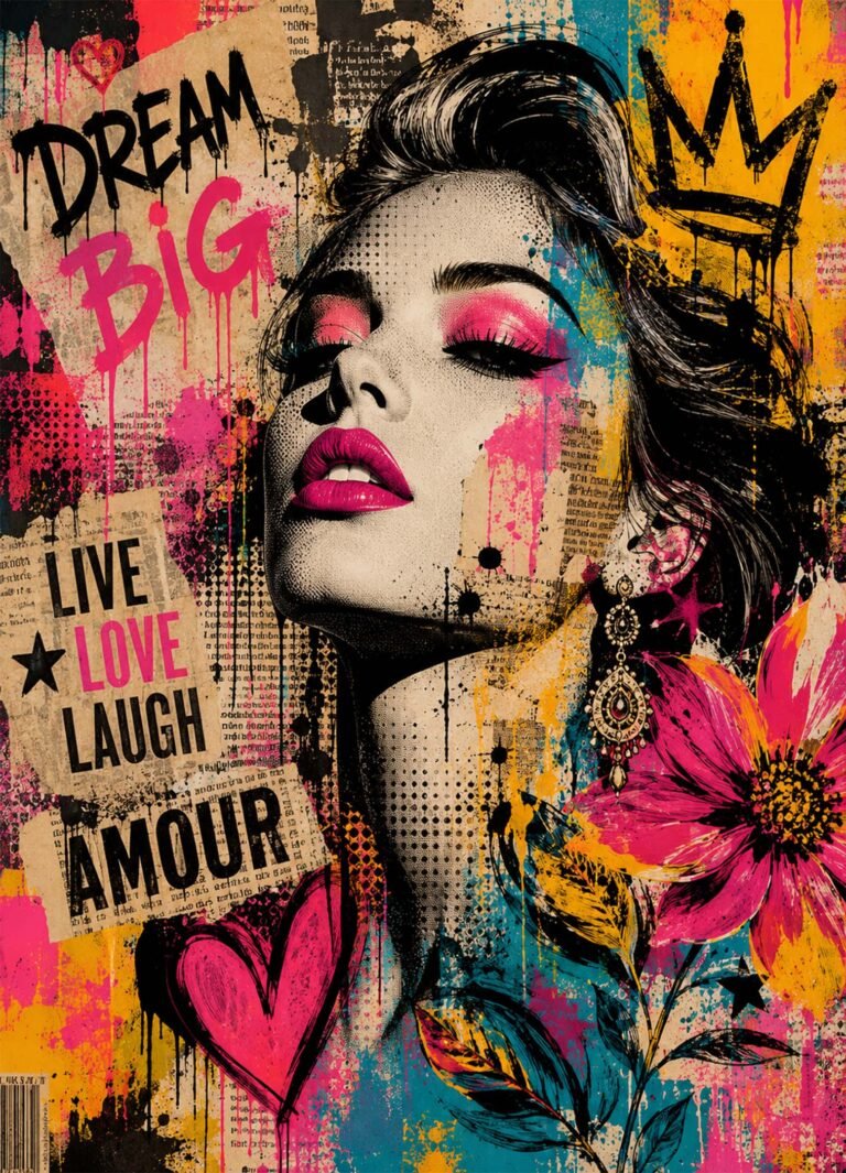Affiche représentant portrait féminin glamour entouré de fleurs, graffiti rose et orange et messages Dream Big, Live, Love, Laugh