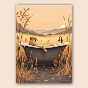Affiche d'un léopard dans une baignoire au coucher de soleil