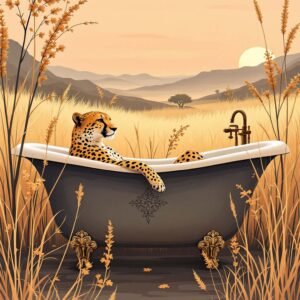 Affiche d'un léopard dans une baignoire au coucher de soleil