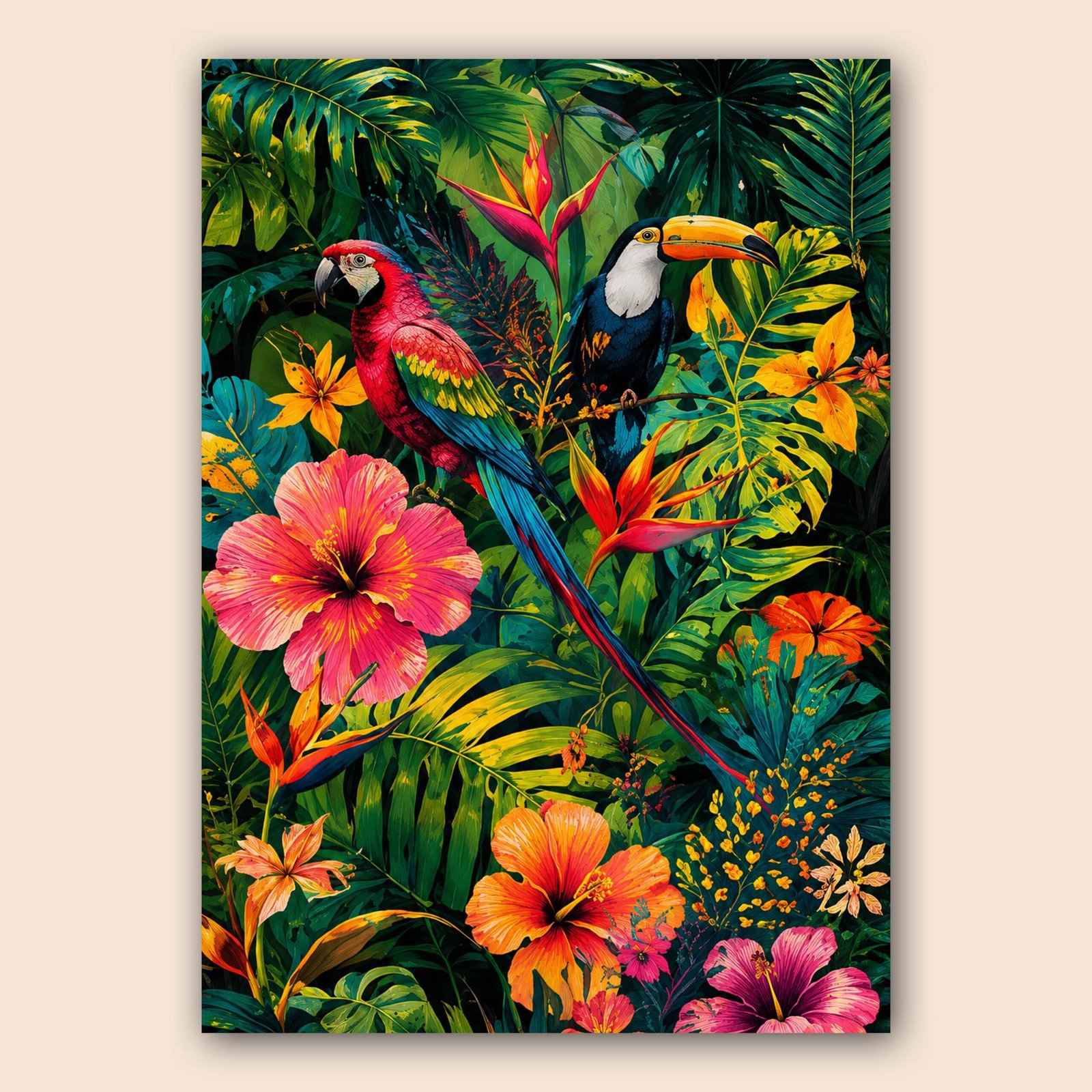 Affiche murale tropicale avec oiseaux et fleurs