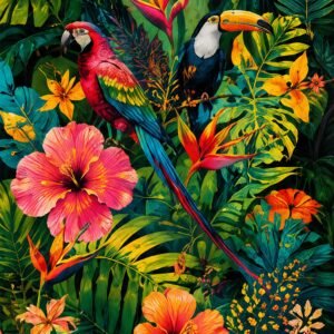 Affiche murale tropicale avec oiseaux et fleurs