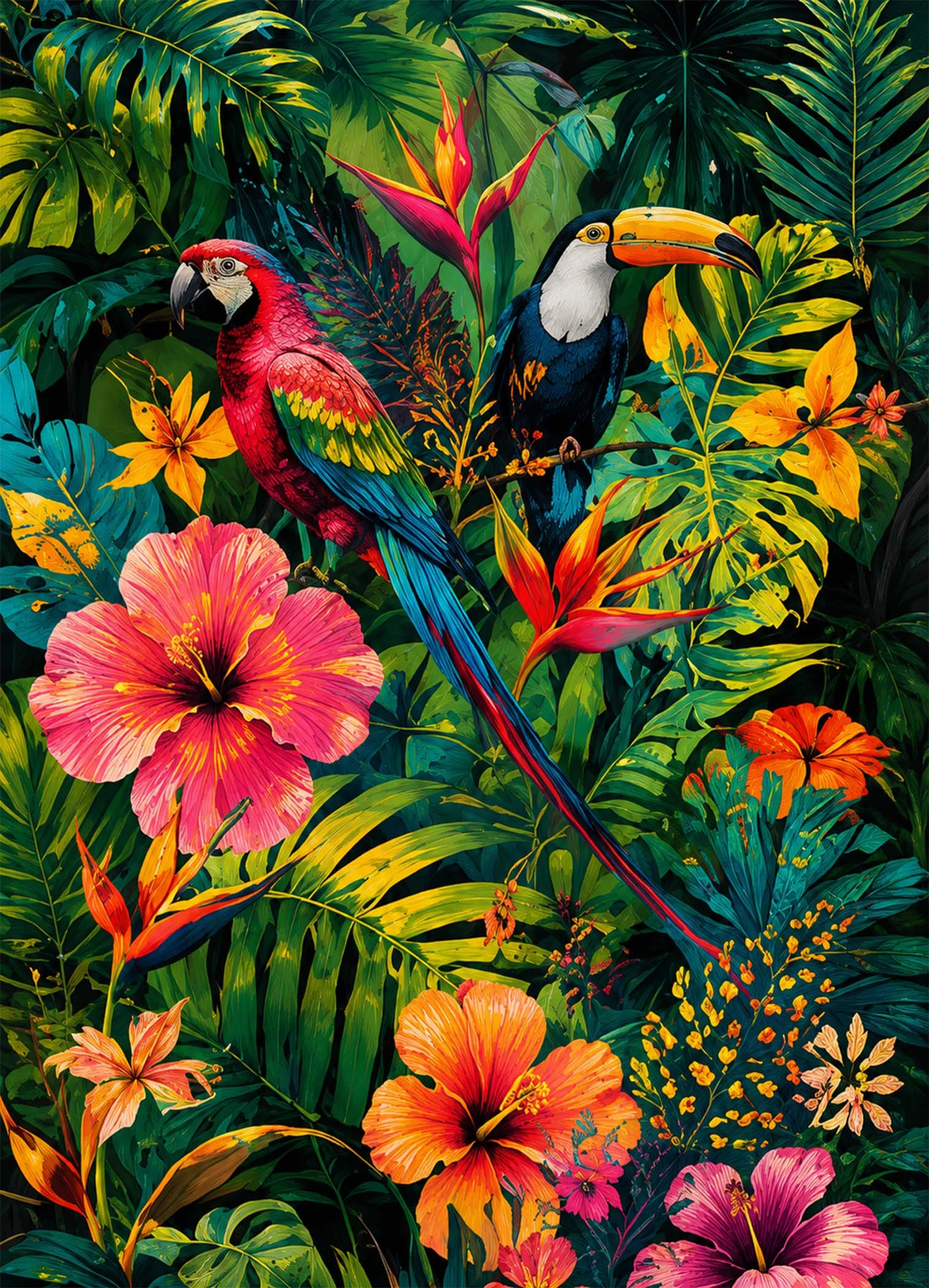 Affiche murale tropicale avec oiseaux et fleurs