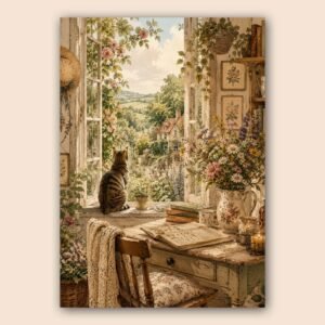 Affiche d'un chat regardant un paysage fleuri