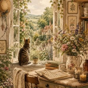 Affiche d'un chat regardant un paysage fleuri