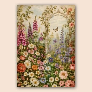Affiche jardin fleuri en couleurs douces