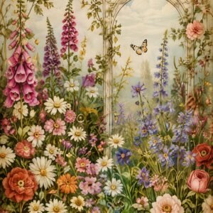 Affiche représentant un jardin fleuri avec des fleurs colorées