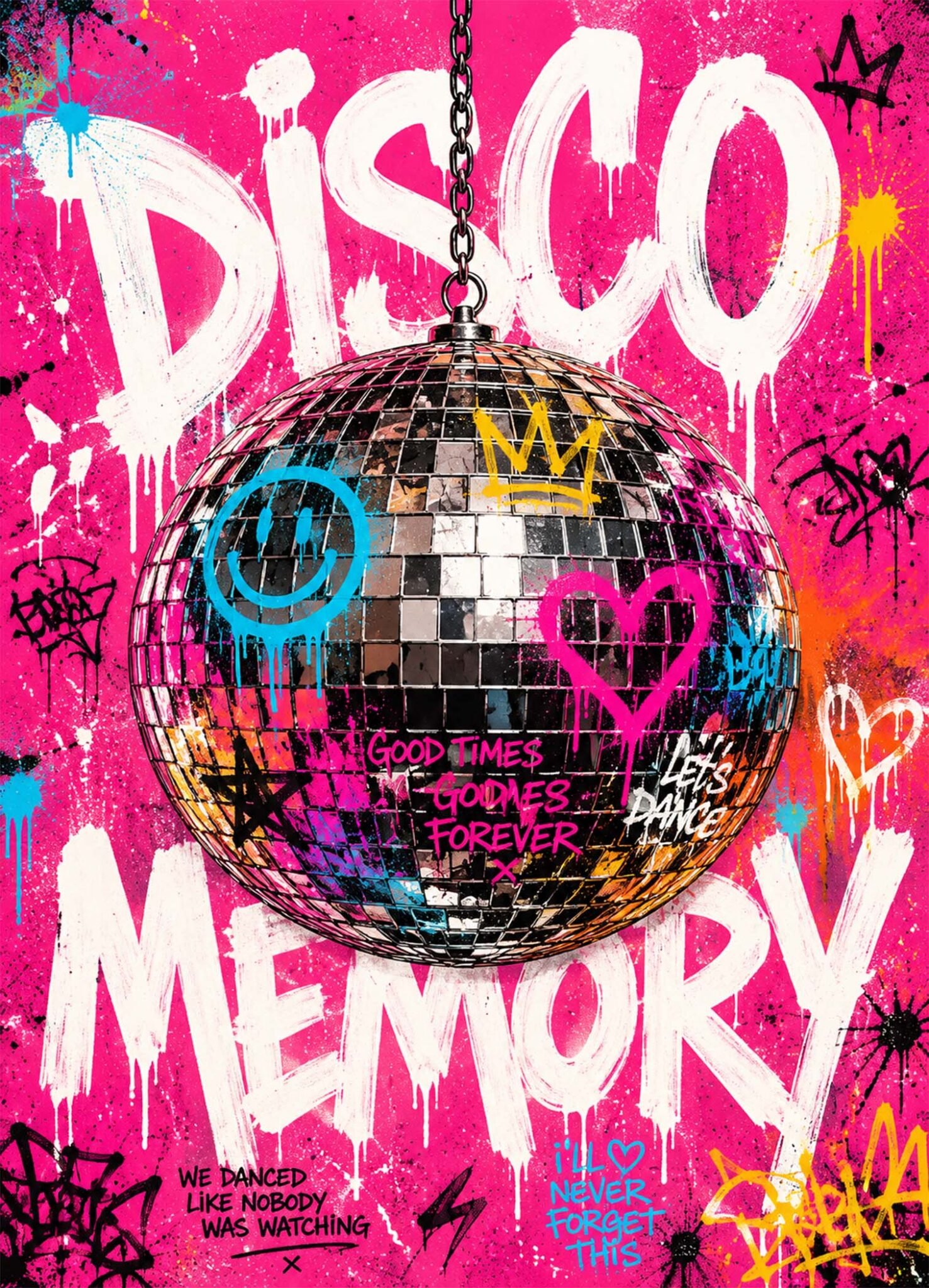 Affiche représentant boule à facettes argentée suspendue devant un mur graffiti rose avec les mots DISCO, MEMORY et Good Times