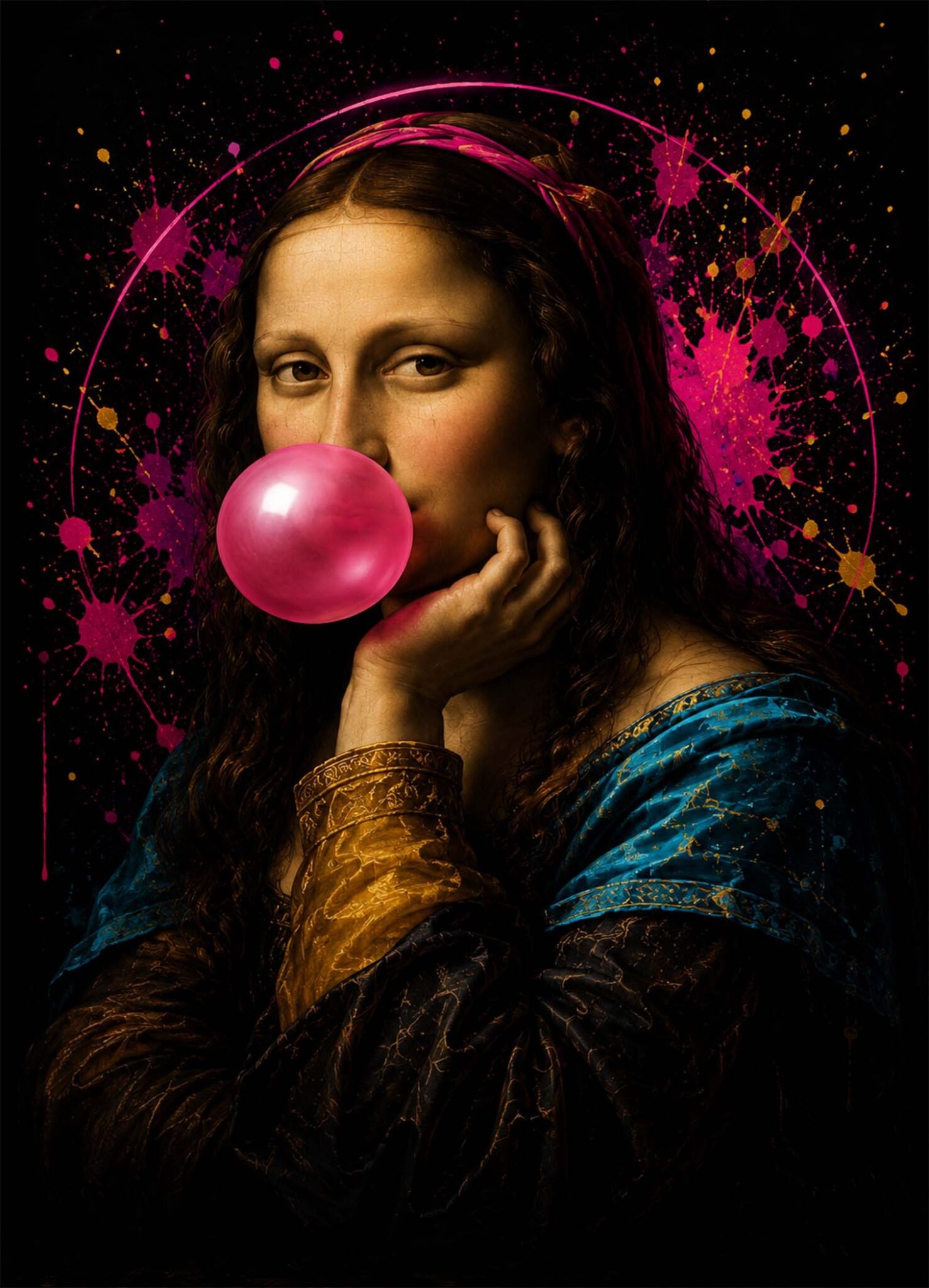 Affiche représentant Mona Lisa classique soufflant une grande bulle de chewing-gum rose devant un halo de projections fuchsia, orange et turquoise