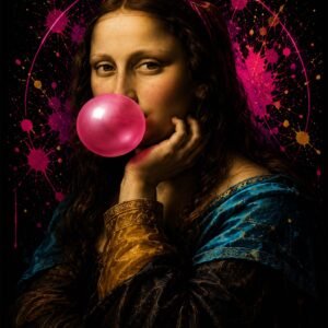 Affiche d'une femme soufflant une bulle de chewing-gum sur fond noir