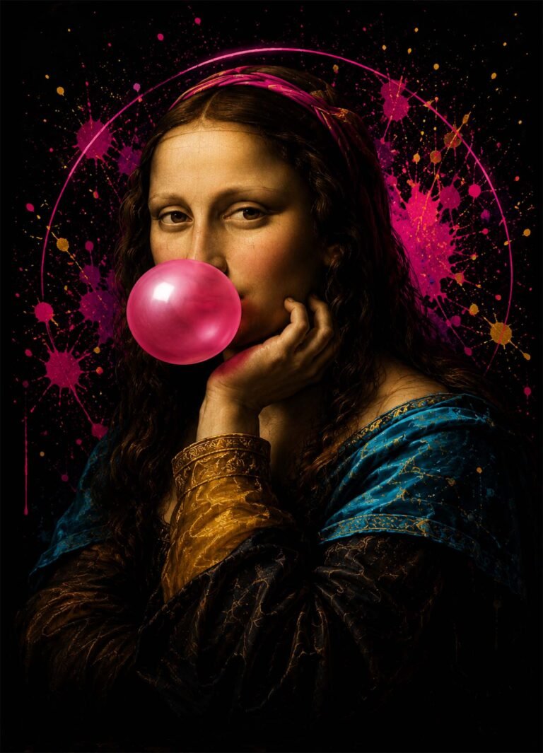 Affiche représentant Mona Lisa classique soufflant une grande bulle de chewing-gum rose devant un halo de projections fuchsia, orange et turquoise