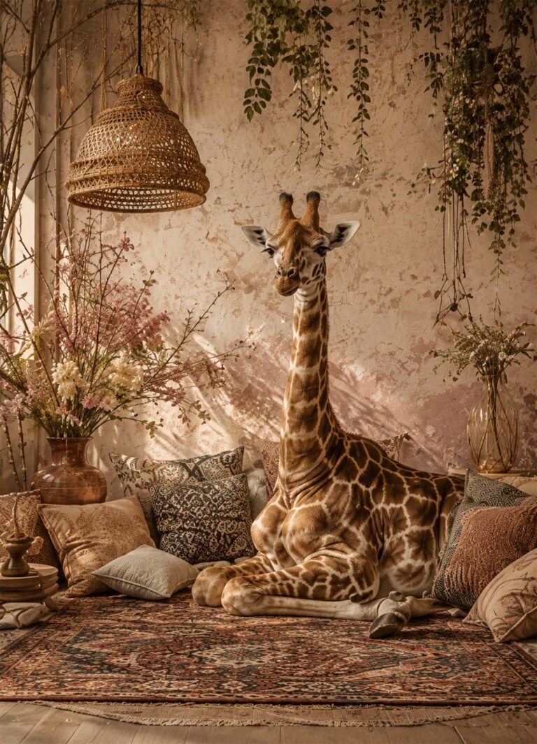 Affiche représentant girafe installée dans un salon bohème terracotta avec coussins, tapis, suspension en rotin et nombreuses plantes