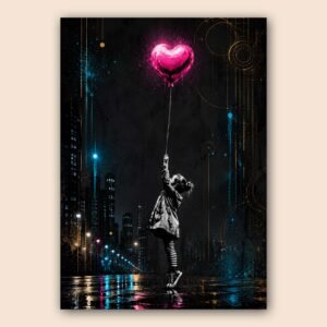 Affiche d'une enfant tenant un ballon en forme de cœur rose