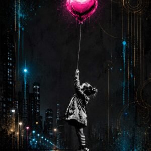 Affiche d'une enfant tenant un ballon en forme de cœur rose