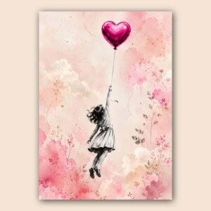 Affiche d'une enfant tenant un ballon en forme de cœur