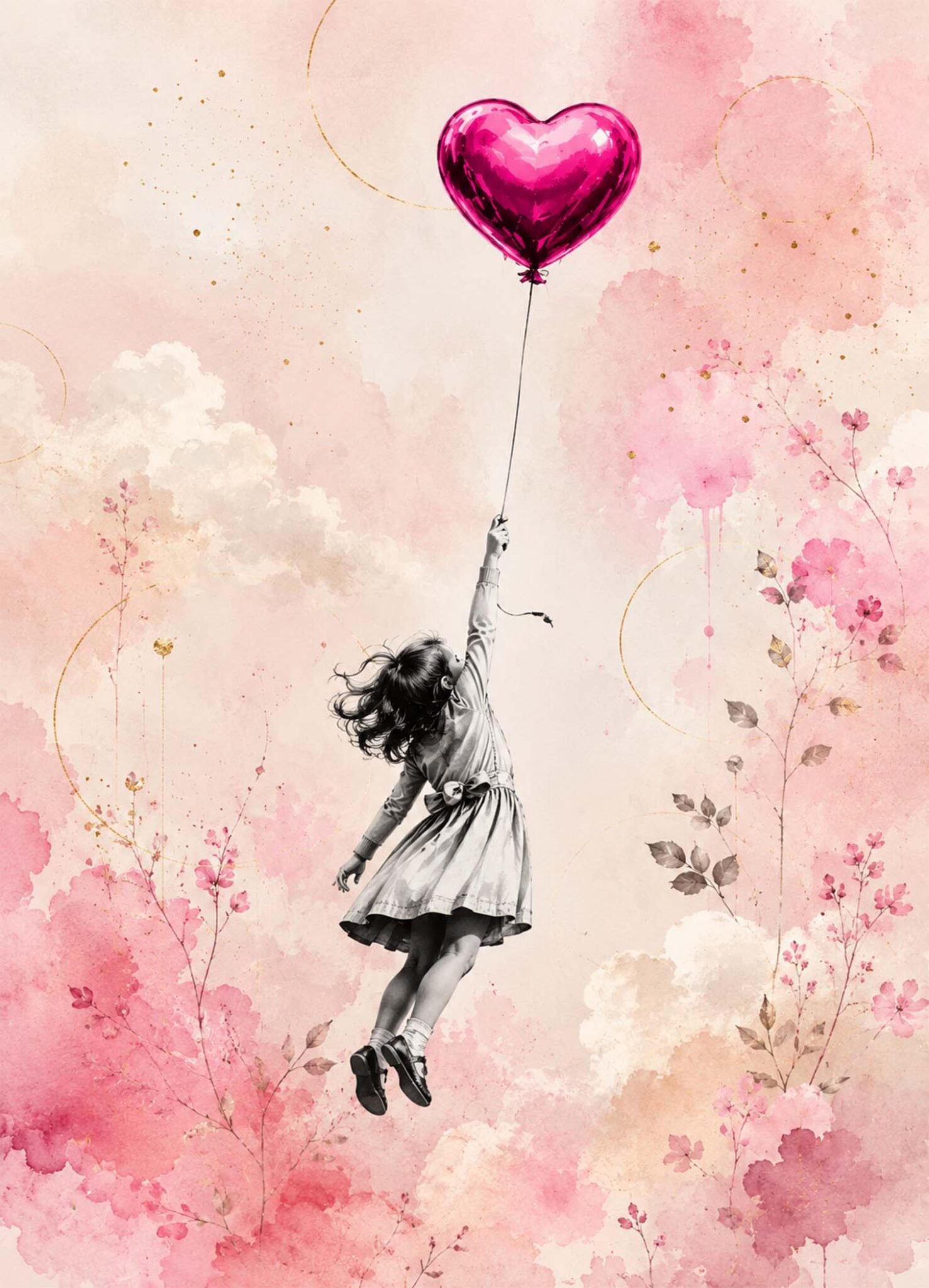 Affiche représentant fillette en noir et blanc soulevée par un ballon cœur rose au milieu de nuages, fleurs et taches d’aquarelle rose