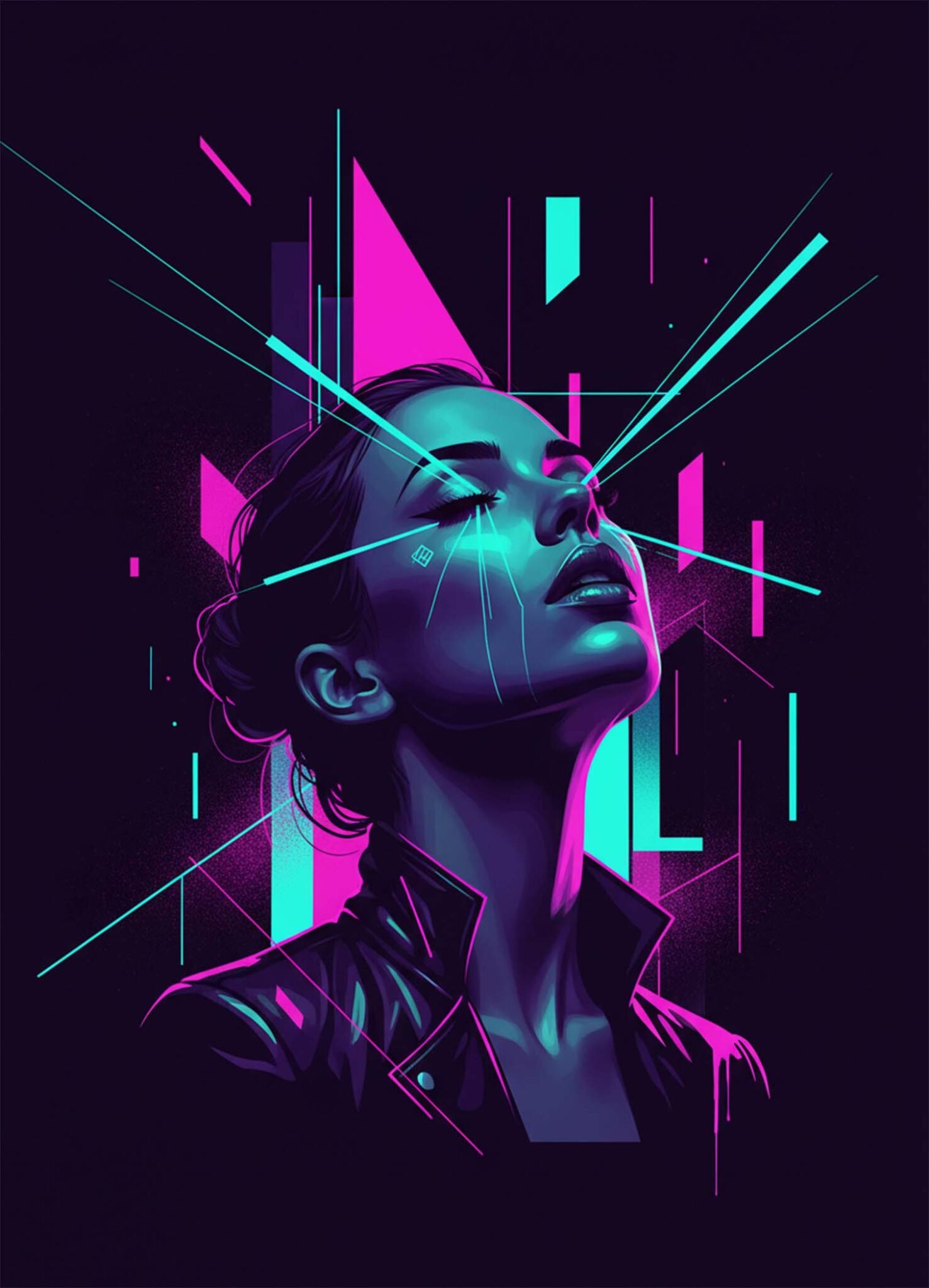 Affiche représentant profil de femme futuriste tourné vers le ciel, traversé de lignes géométriques rose néon, turquoise et violet sur fond sombre