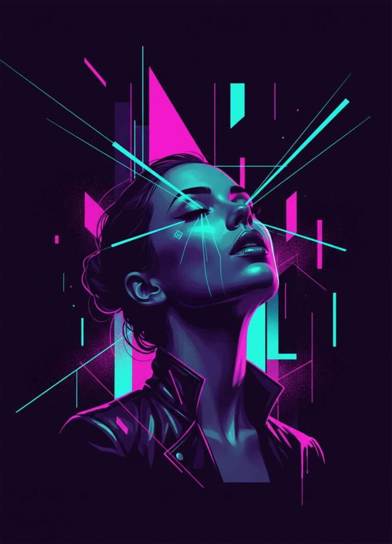 Affiche représentant profil de femme futuriste tourné vers le ciel, traversé de lignes géométriques rose néon, turquoise et violet sur fond sombre