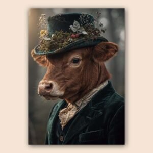 Affiche d'une vache habillée avec un chapeau et un costume