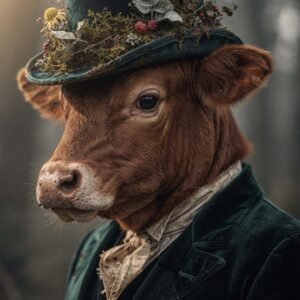 Affiche d'une vache habillée avec un chapeau et un costume