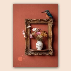 Affiche murale d'un oiseau et de fleurs dans un cadre doré