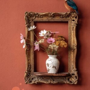 Affiche murale d'un oiseau et de fleurs dans un cadre doré