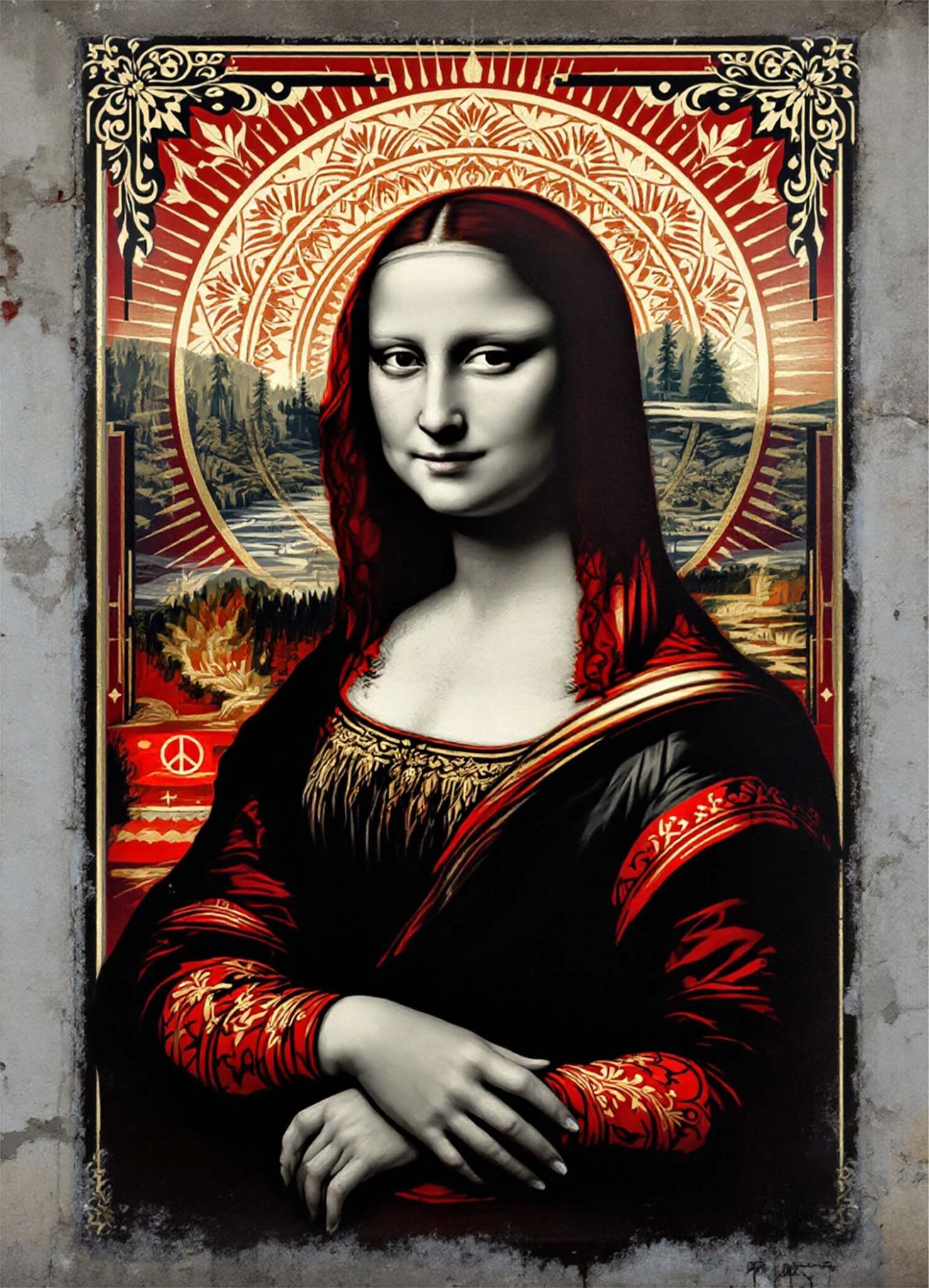 Affiche représentant Mona Lisa en noir, blanc et rouge dans un cadre graphique orné de motifs anciens, symboles et textures street art