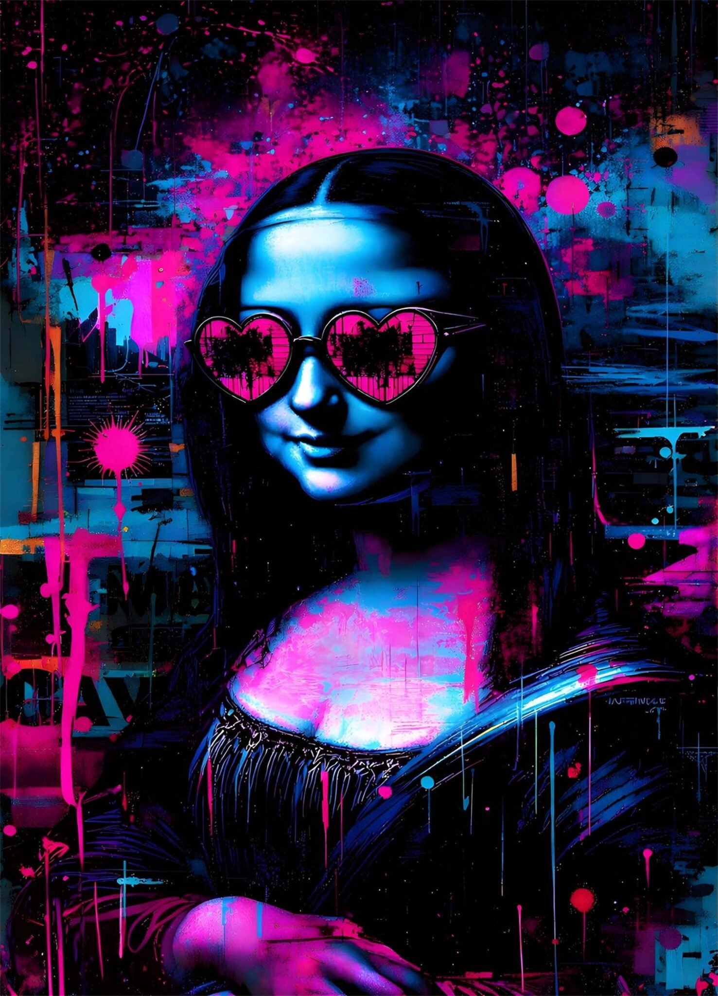 Affiche représentant la Joconde baignée de bleu électrique, avec des lunettes en forme de cœur et un décor de peinture rose