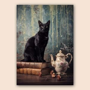 Affiche d'un chat noir sur des livres anciens