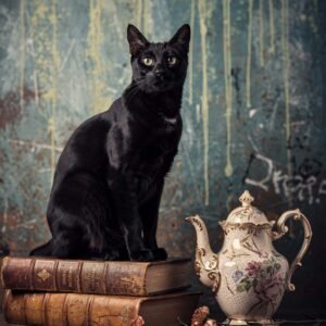 Affiche d'un chat noir sur des livres anciens
