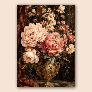 Affiche murale de fleurs roses dans un vase doré