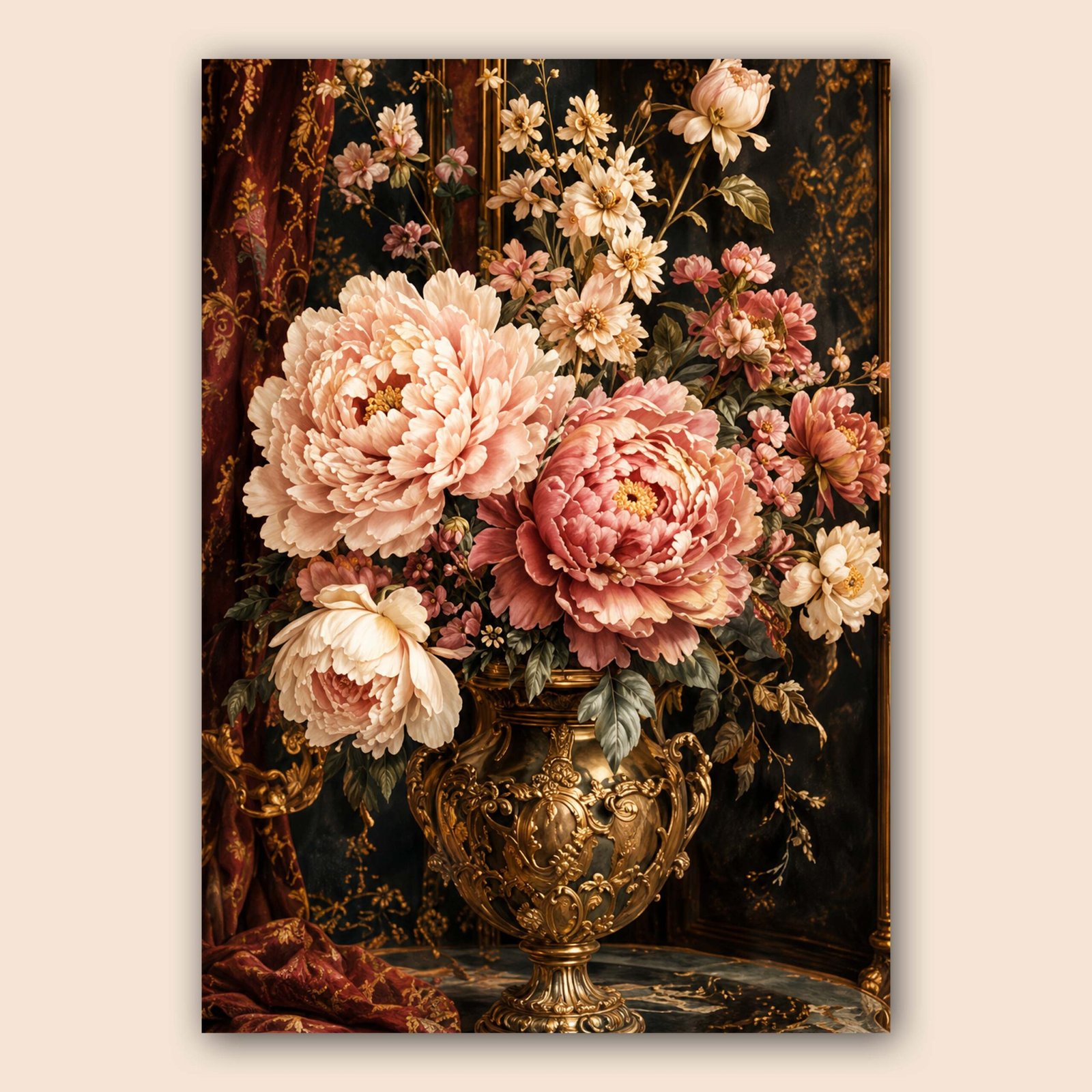 Affiche murale de fleurs roses dans un vase doré