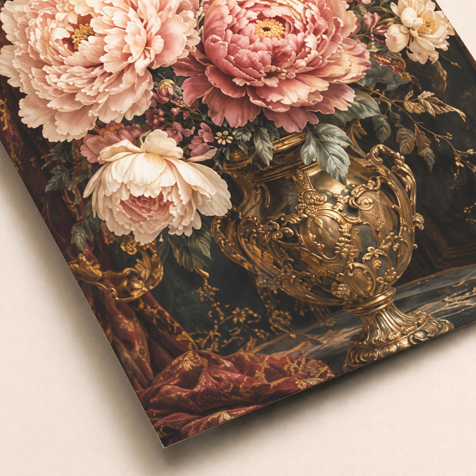 Affiche murale de fleurs roses dans un vase doré