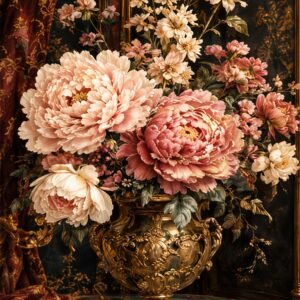 Affiche murale de fleurs roses dans un vase doré