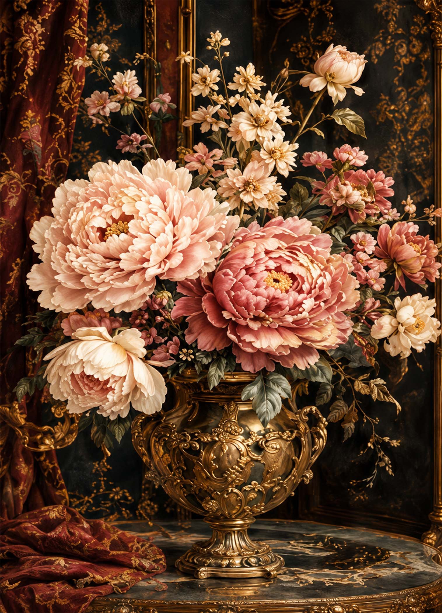 Affiche murale de fleurs roses dans un vase doré