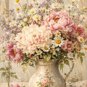 Affiche représentant un bouquet de fleurs dans un vase vintage