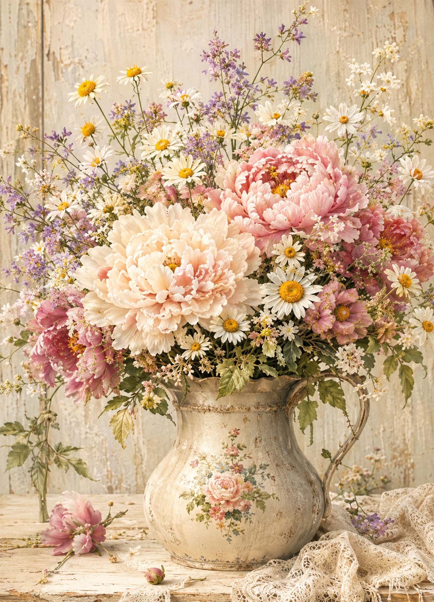 Affiche représentant un bouquet de fleurs dans un vase vintage