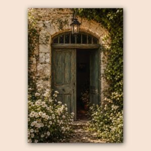 Affiche d'une porte ancienne entourée de fleurs
