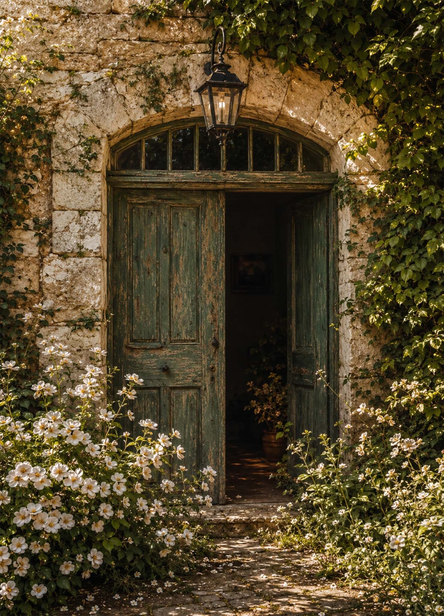Affiche représentant une vieille porte vert grisé sous une arche de pierre, entourée de roses blanches