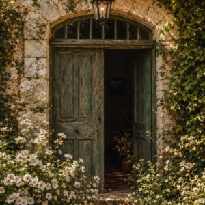 Affiche d'une porte ancienne entourée de fleurs