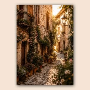 Affiche d'une ruelle en pierre avec des fleurs