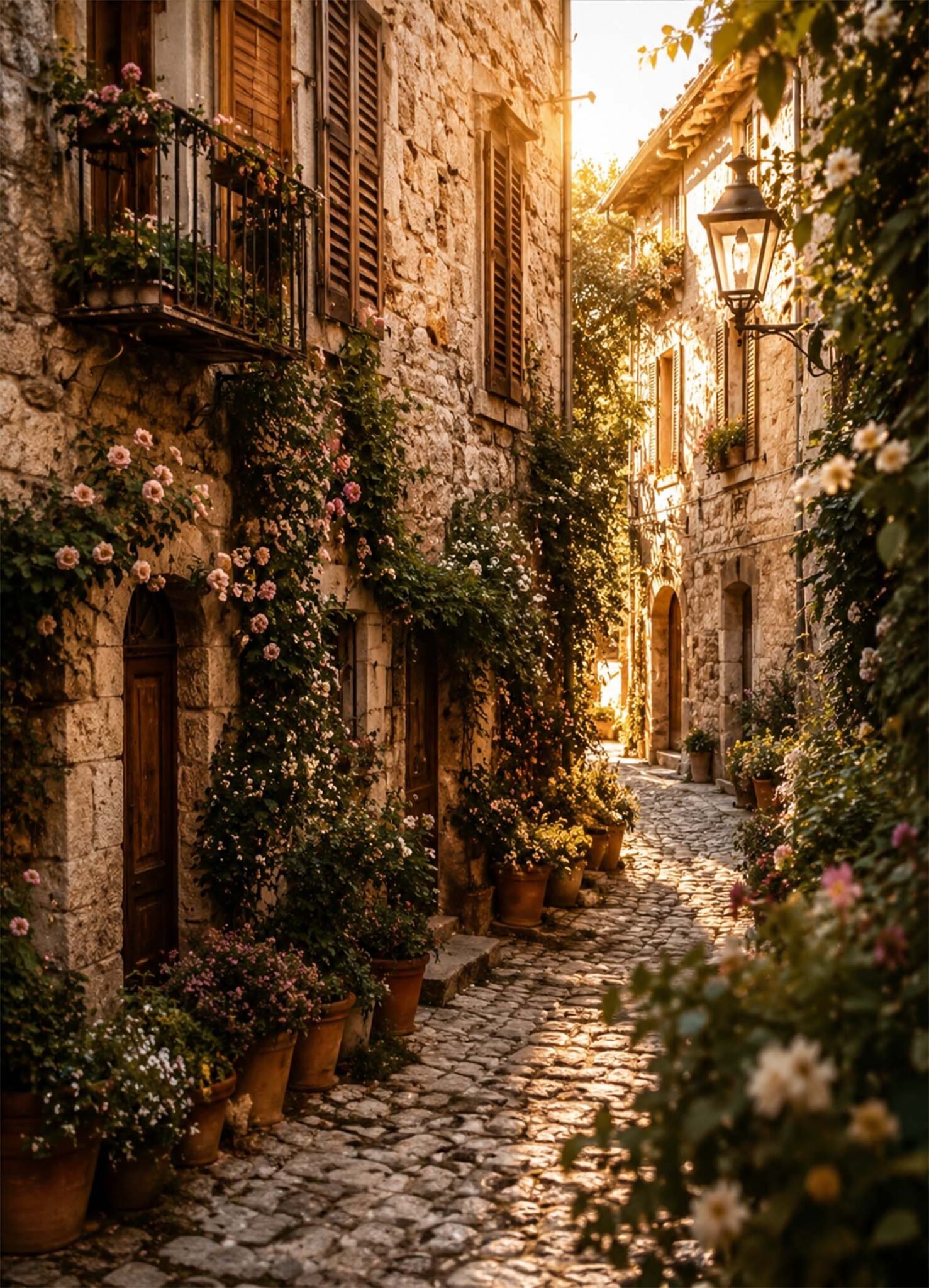 Affiche représentant une ruelle pavée bordée de maisons en pierre, de volets anciens et de pots fleuris