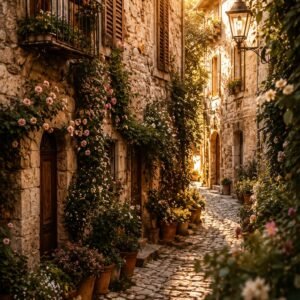 Affiche d'une ruelle en pierre avec des fleurs