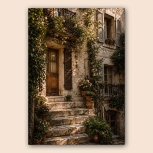 Affiche d'une maison en pierre entourée de verdure