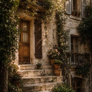 Affiche d'une maison en pierre entourée de verdure