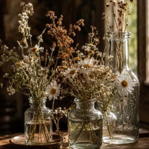 Affiche représentant des fleurs séchées dans des bocaux en verre