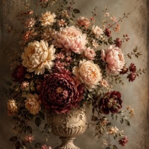 Affiche représentant un bouquet de fleurs dans un vase ancien